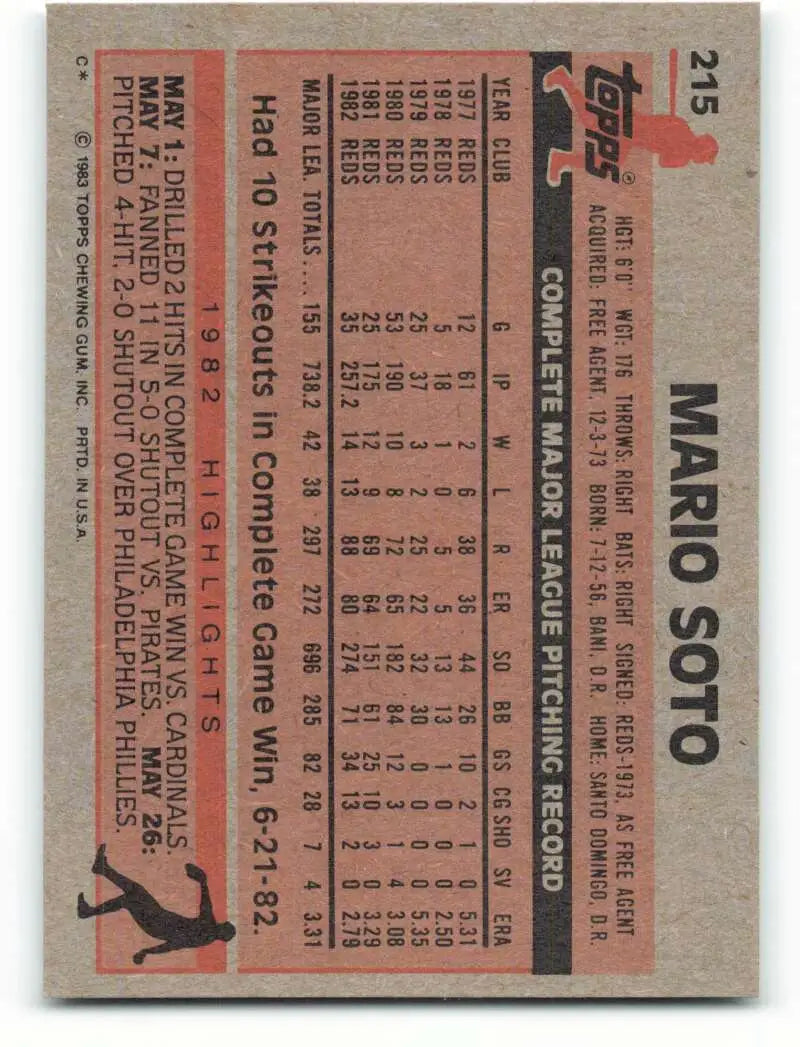 1983 Topps #215 Mario Soto EX Excellent Cincinnati Reds Baseball Card - Baseball Card Single