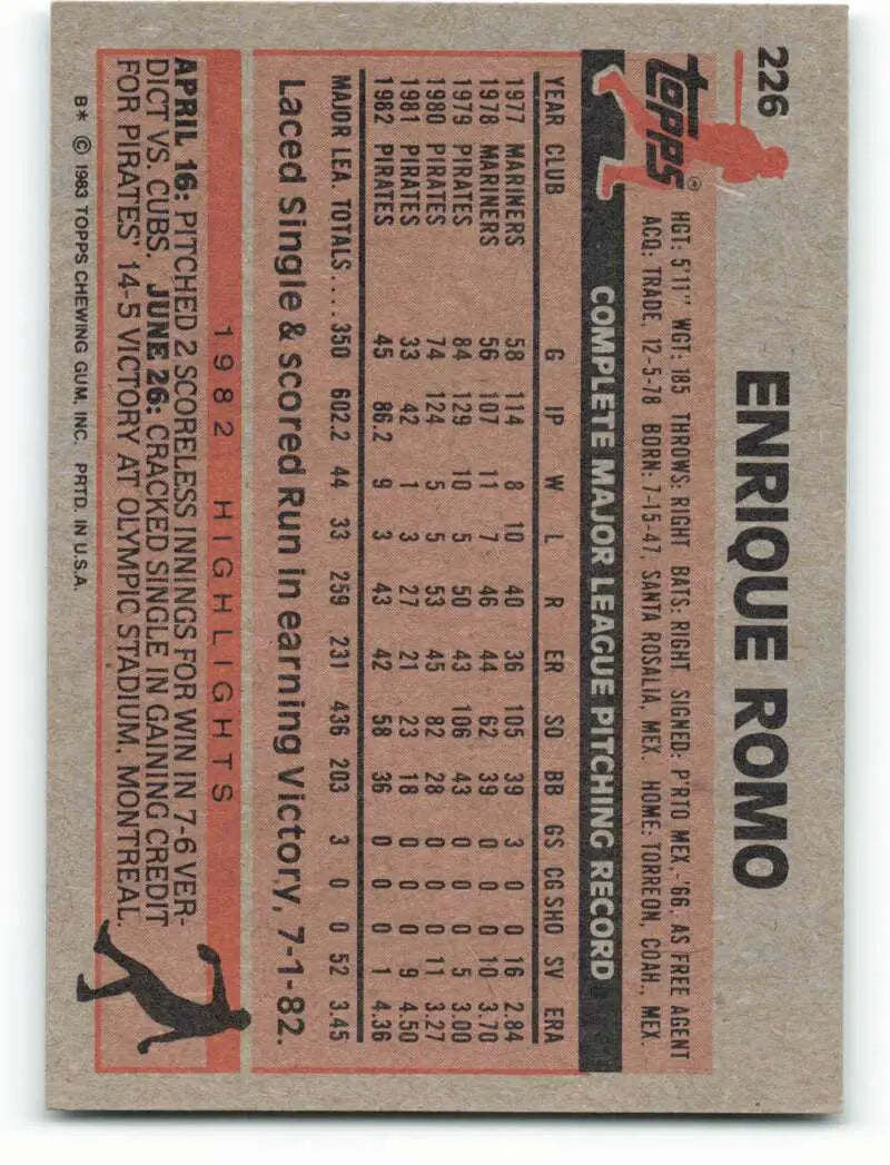1983 Topps #226 Enrique Romo EX Excellent Pittsburgh Pirates Baseball Card - Baseball Card Single