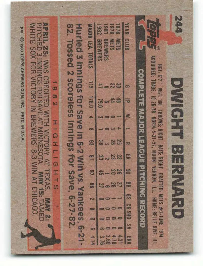 1983 Topps #244 Dwight Bernard EX Excellent Milwaukee Brewers Baseball Card - Baseball Card Single