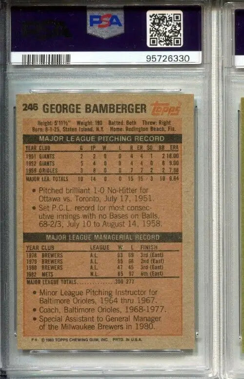 Graded 1983 Topps #246 George Bamberger PSA DNA Auto New York Mets Sports Trading Card