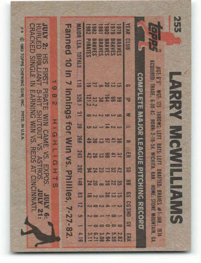 1983 Topps #253 Larry McWilliams EX Excellent Pittsburgh Pirates Baseball Card - Baseball Card Single