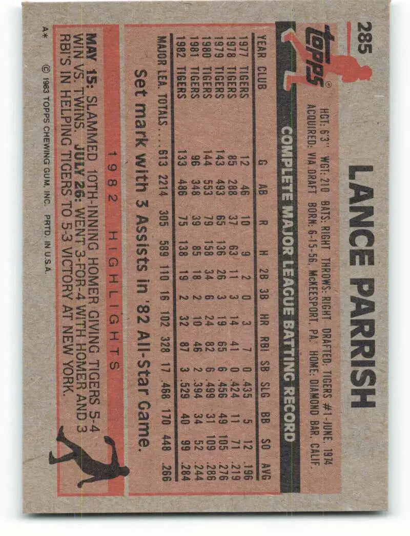 1983 Topps #285 Lance Parrish EX Excellent Detroit Tigers Baseball Card - Baseball Card Single