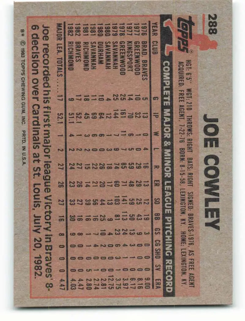 1983 Topps #288 Joe Cowley EX Excellent RC Rookie Atlanta Braves Baseball Card - Baseball Card Single