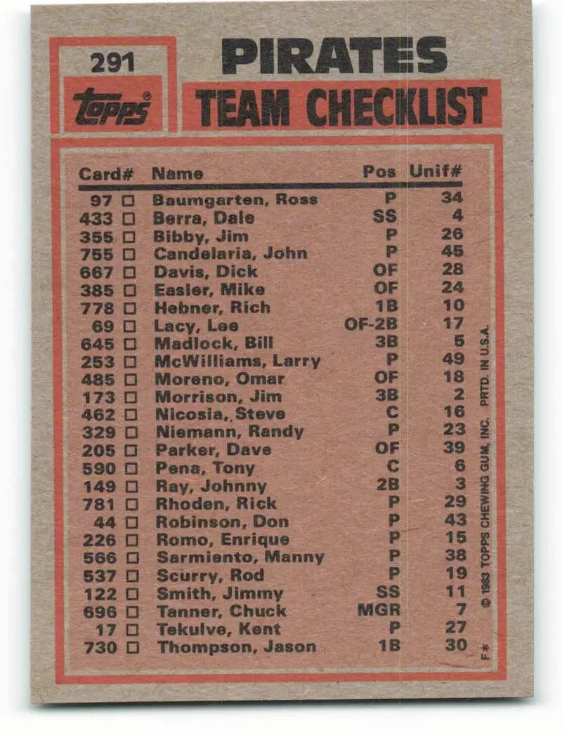 1983 Topps #291 Bill Madlock/John Candelaria EX Excellent Pittsburgh Pirates Baseball Card - Baseball Card Single