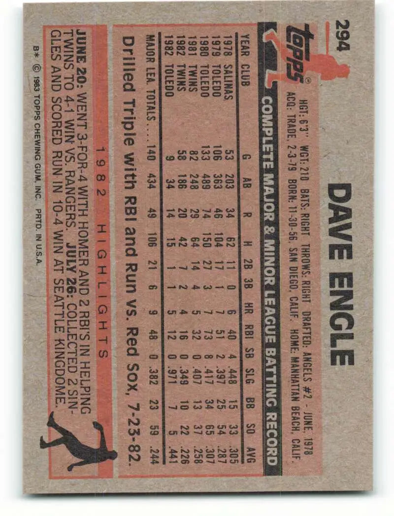 1983 Topps #294 Dave Engle EX Excellent Minnesota Twins Baseball Card - Baseball Card Single