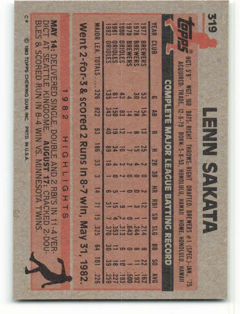 1983 Topps #319 Lenn Sakata EX Excellent Baltimore Orioles Baseball Card - Baseball Card Single