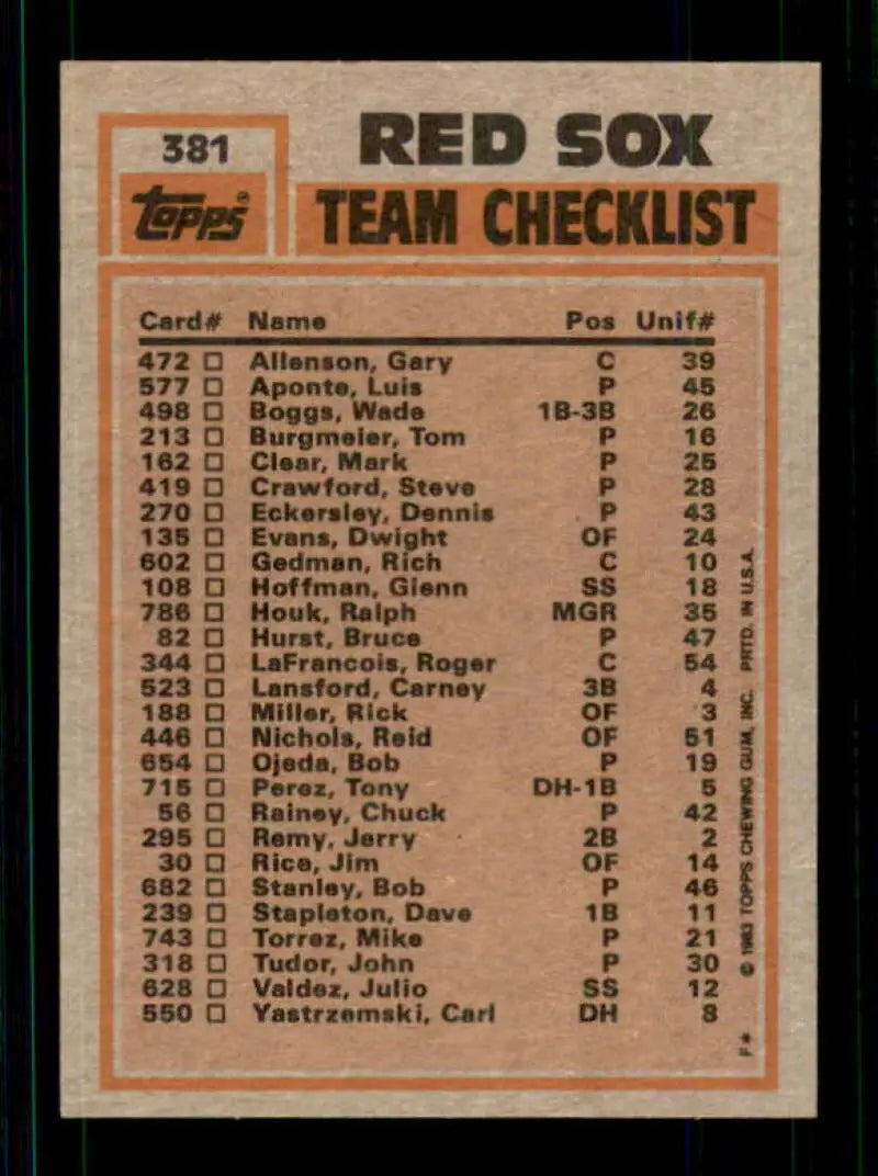 1983 Topps #381 Jim Rice/Bob Stanley EX Excellent Boston Red Sox Baseball Card - Baseball Card Single