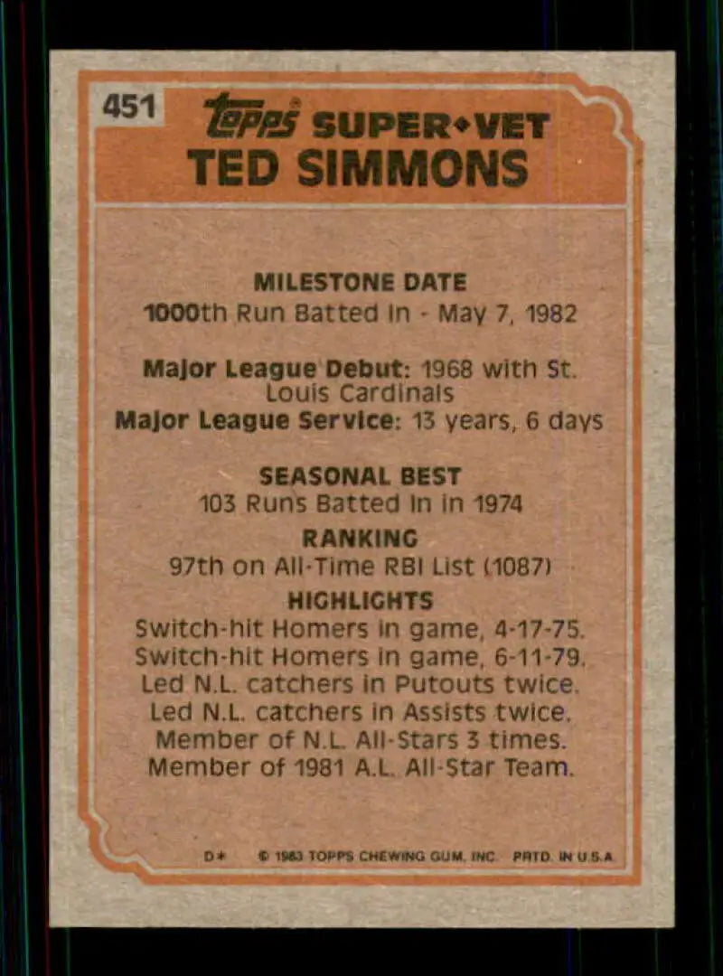 1983 Topps #451 Ted Simmons EX Excellent St. Louis Cardinals/Milwaukee Brewers Baseball Card - Baseball Card Single