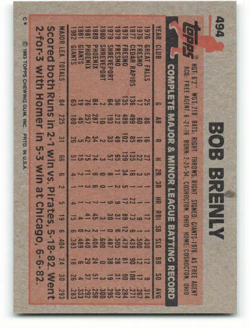 1983 Topps #494 Bob Brenly EX Excellent San Francisco Giants Baseball Card - Baseball Card Single