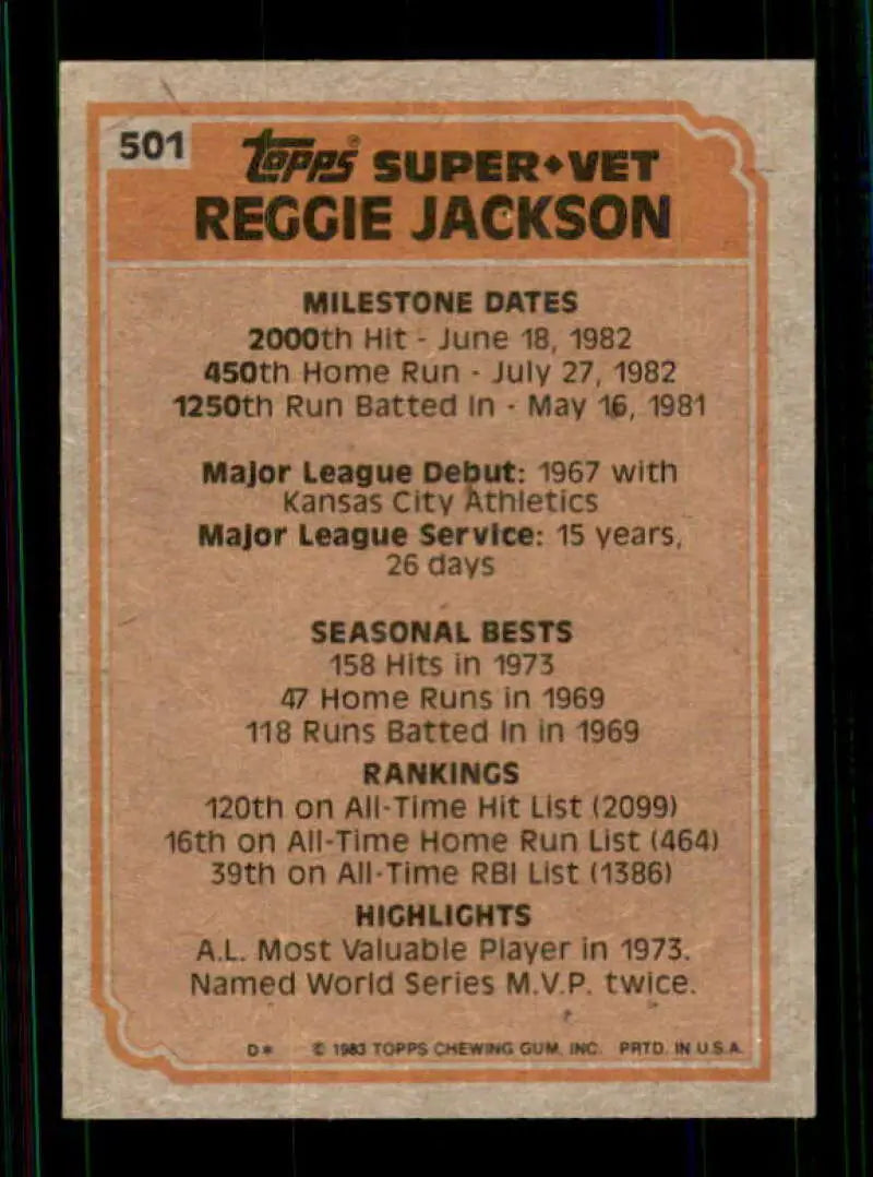 1983 Topps #501 Reggie Jackson EX Excellent Kansas City Athletics/California Angels Baseball Card - Baseball Card Single