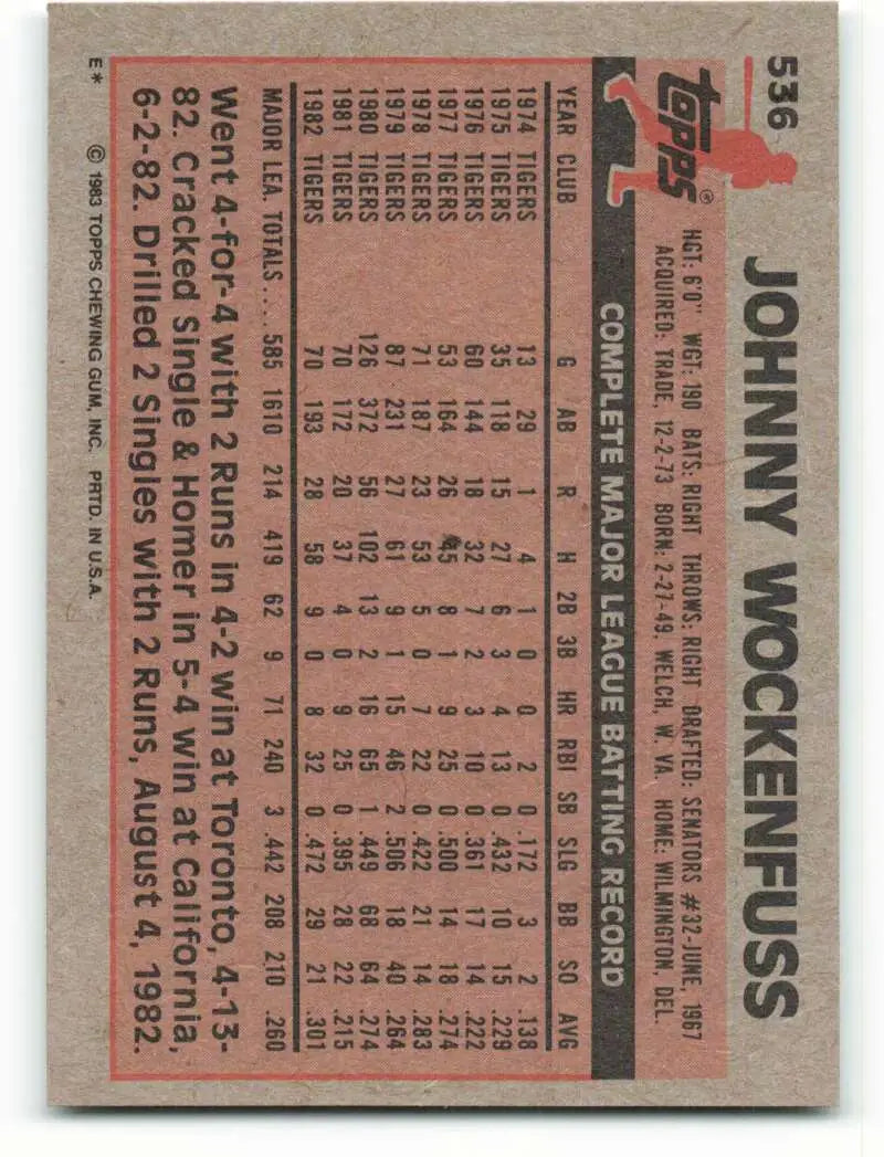 1983 Topps #536 John Wockenfuss EX Excellent Detroit Tigers Baseball Card - Baseball Card Single