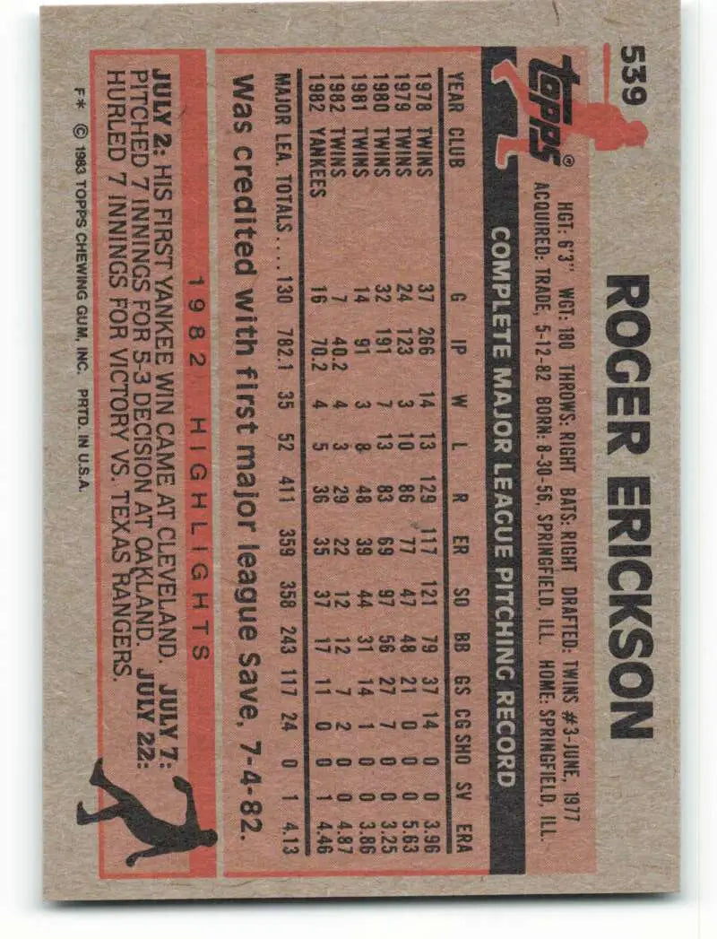 1983 Topps #539 Roger Erickson EX Excellent New York Yankees Baseball Card - Baseball Card Single
