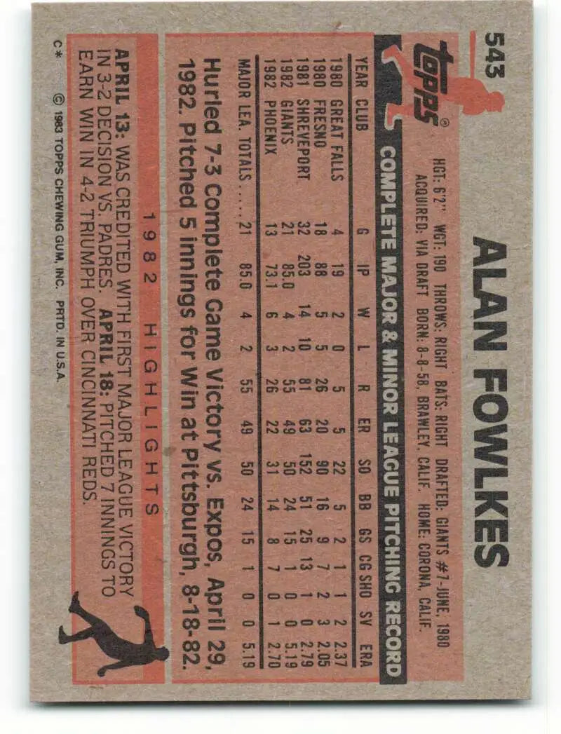 1983 Topps #543 Alan Fowlkes EX Excellent RC Rookie San Francisco Giants Baseball Card - Baseball Card Single
