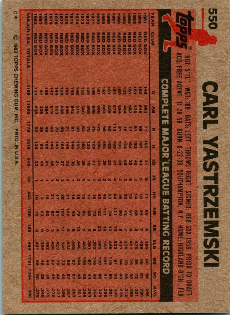1983 Topps #550 Carl Yastrzemski EX Excellent Boston Red Sox Baseball Card - Baseball Card Single