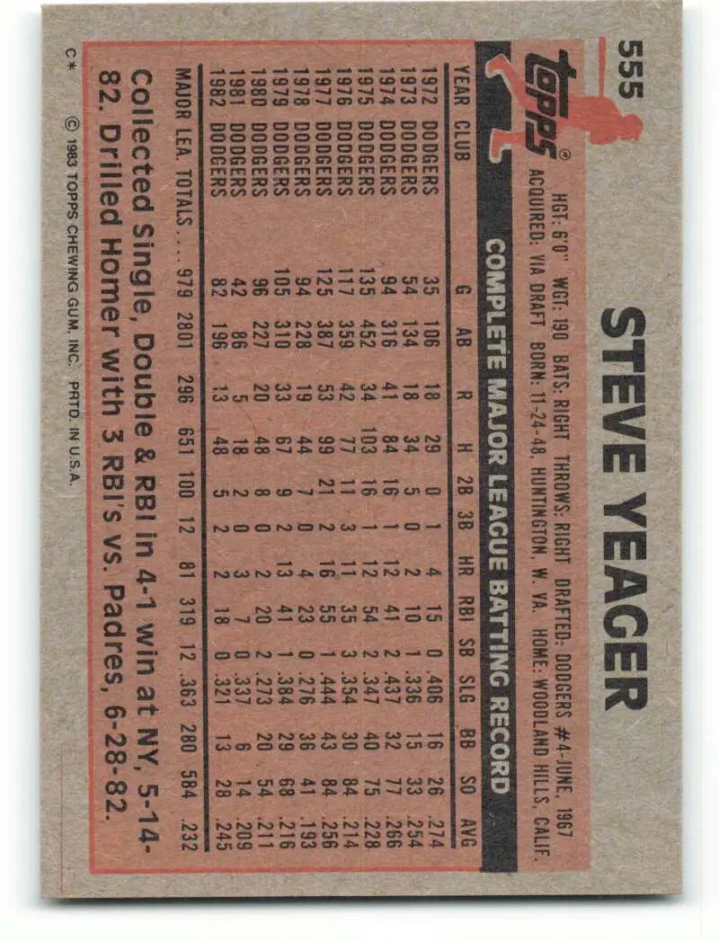 1983 Topps #555 Steve Yeager EX Excellent Los Angeles Dodgers Baseball Card - Baseball Card Single