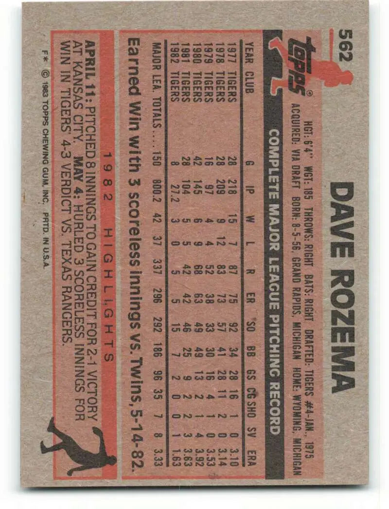 1983 Topps #562 Dave Rozema EX Excellent Detroit Tigers Baseball Card - Baseball Card Single
