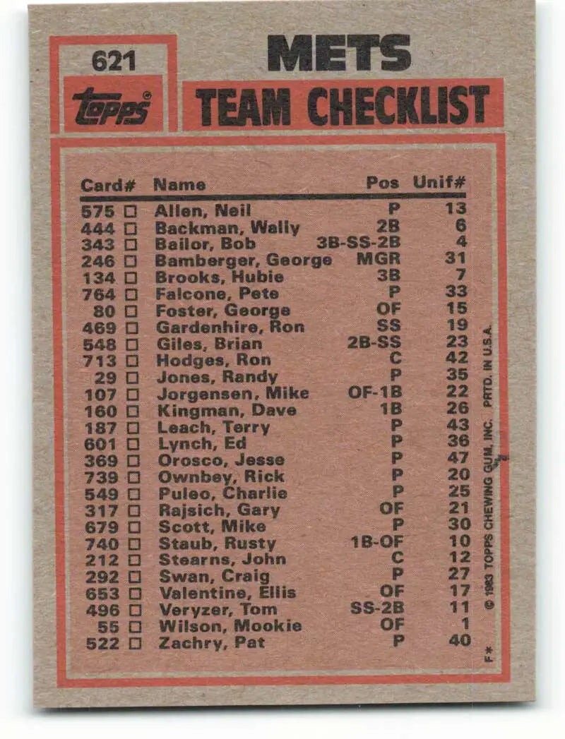1983 Topps #621 Mookie Wilson/Craig Swan EX Excellent New York Mets Baseball Card