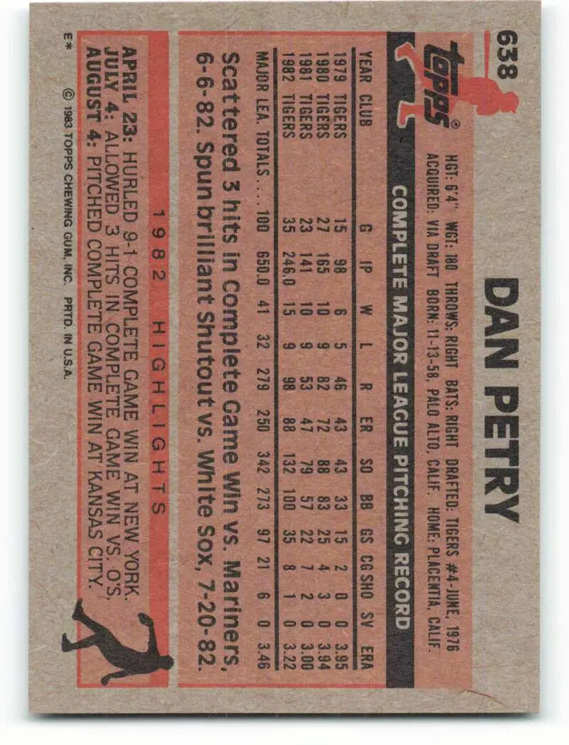 1983 Topps #638 Dan Petry EX Excellent Detroit Tigers Baseball Card - Baseball Card Single