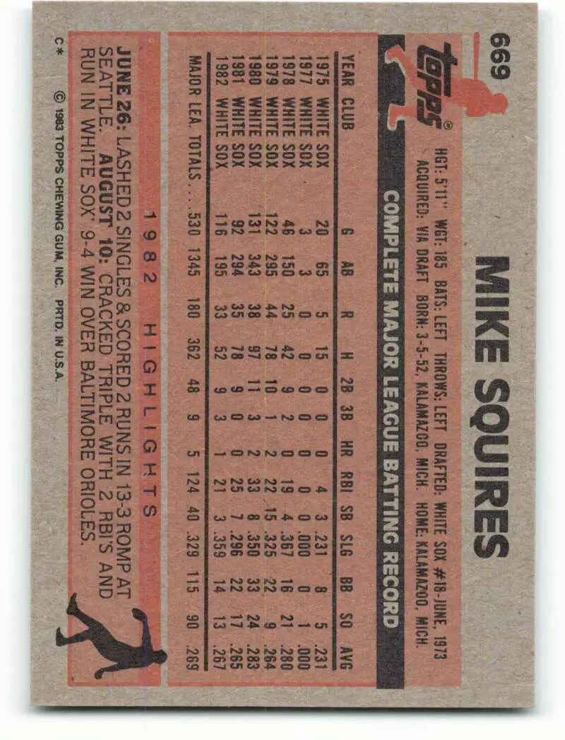 1983 Topps #669 Mike Squires EX Excellent Chicago White Sox Baseball Card - Baseball Card Single