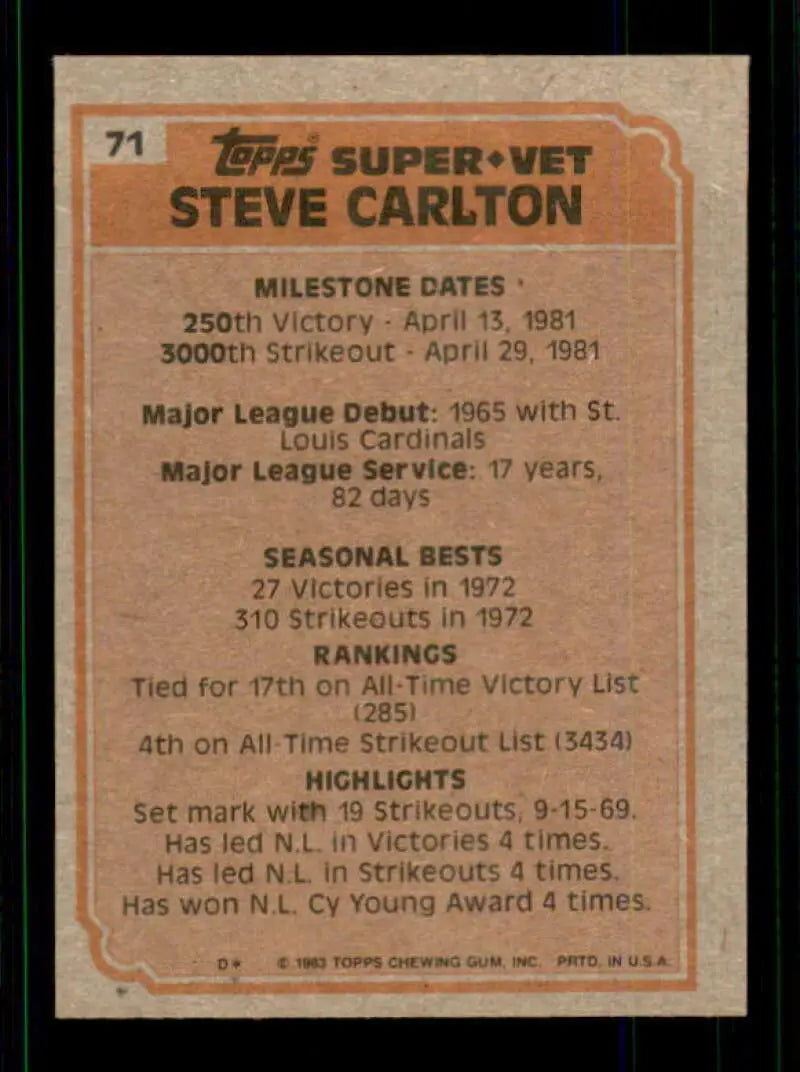 1983 Topps #71 Steve Carlton EX Excellent St. Louis Cardinals/Philadelphia Phillies Baseball Card - Baseball Card Single
