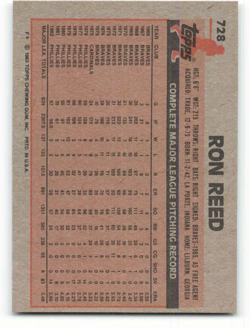 1983 Topps #728 Ron Reed EX Excellent Philadelphia Phillies Baseball Card - Baseball Card Single