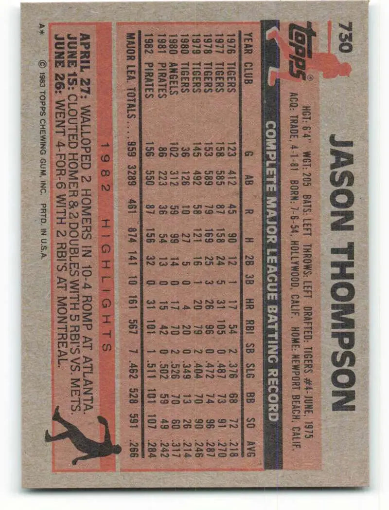 1983 Topps #730 Jason Thompson EX Excellent Pittsburgh Pirates Baseball Card - Baseball Card Single
