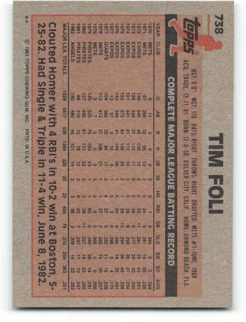 1983 Topps #738 Tim Foli EX Excellent California Angels Baseball Card - Baseball Card Single