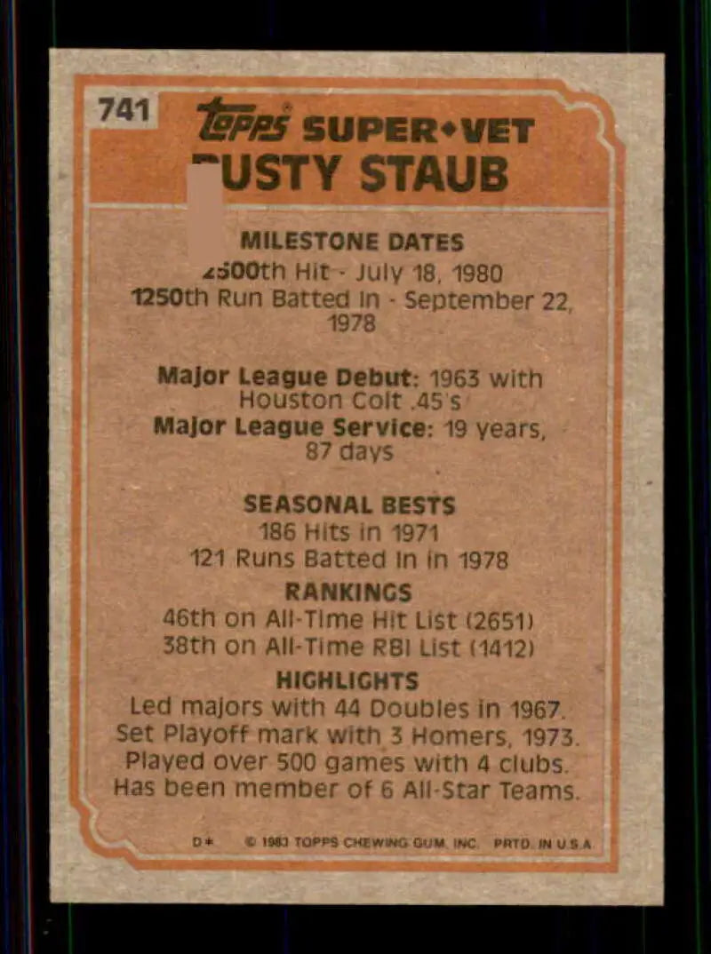1983 Topps #741 Rusty Staub EX Excellent Houston Colt.45’s/New York Mets Baseball Card - Baseball Card Single