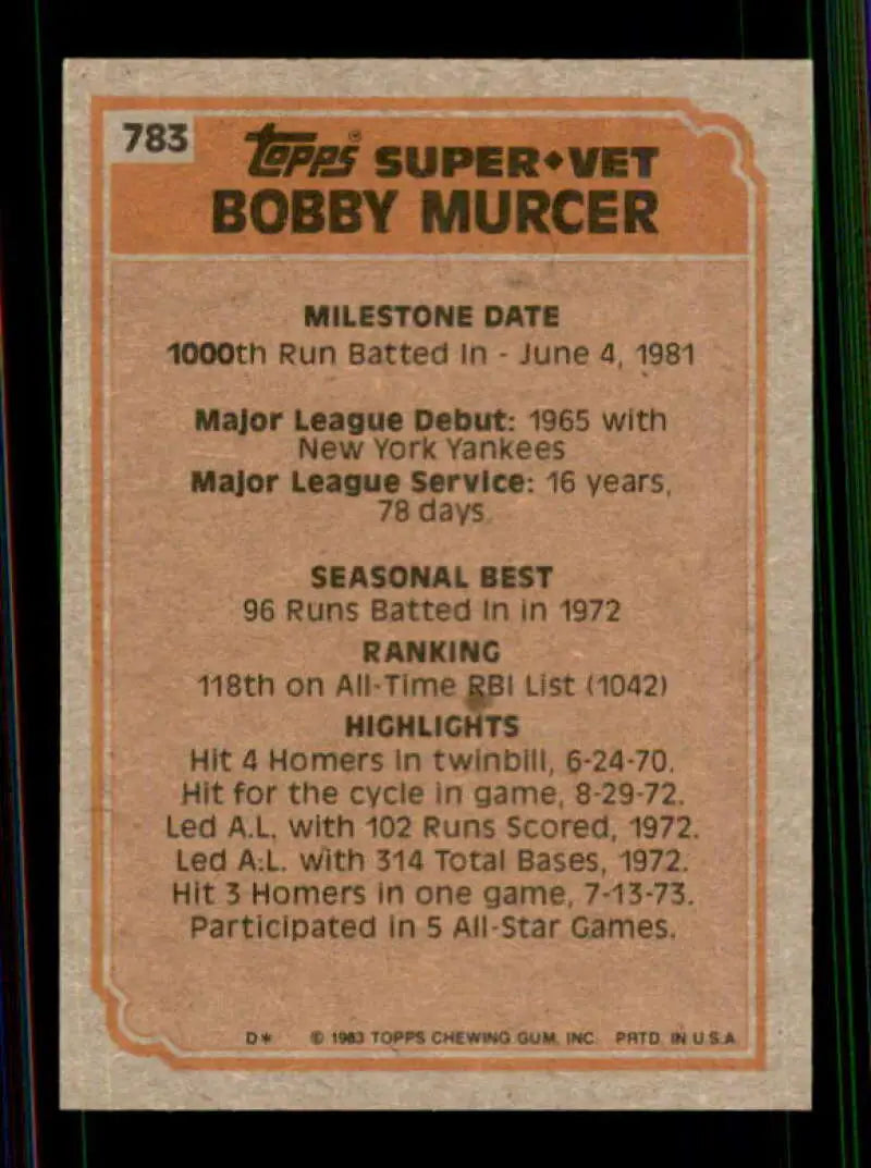 1983 Topps #783 Bobby Murcer EX Excellent New York Yankees Baseball Card - Baseball Card Single