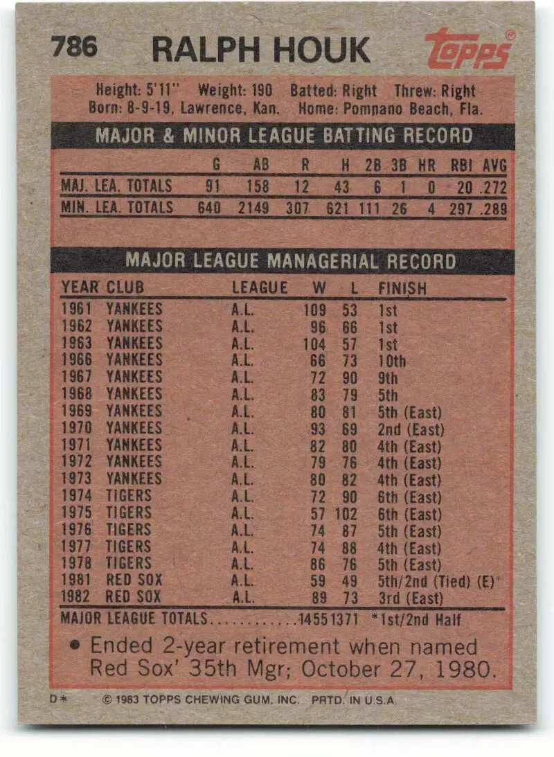 1983 Topps #786 Ralph Houk EX Excellent Boston Red Sox Baseball Card - Baseball Card Single