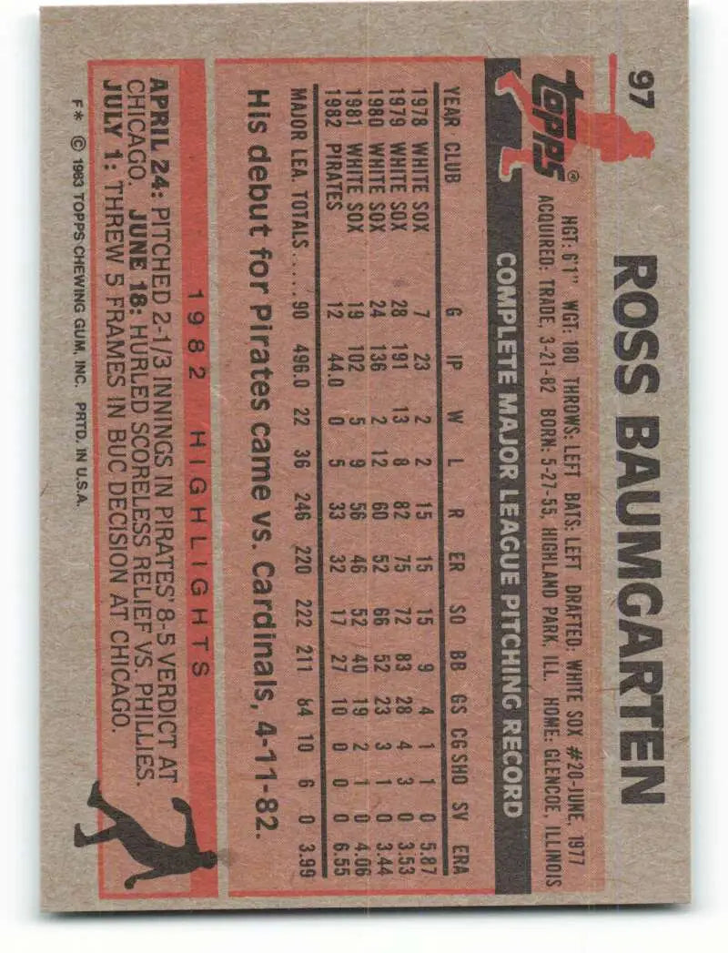 1983 Topps #97 Ross Baumgarten EX Excellent Pittsburgh Pirates Baseball Card - Baseball Card Single