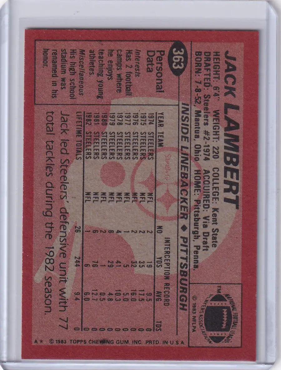 1983 Topps Football #363 Jack Lambert card featuring Pittsburgh Steelers legend