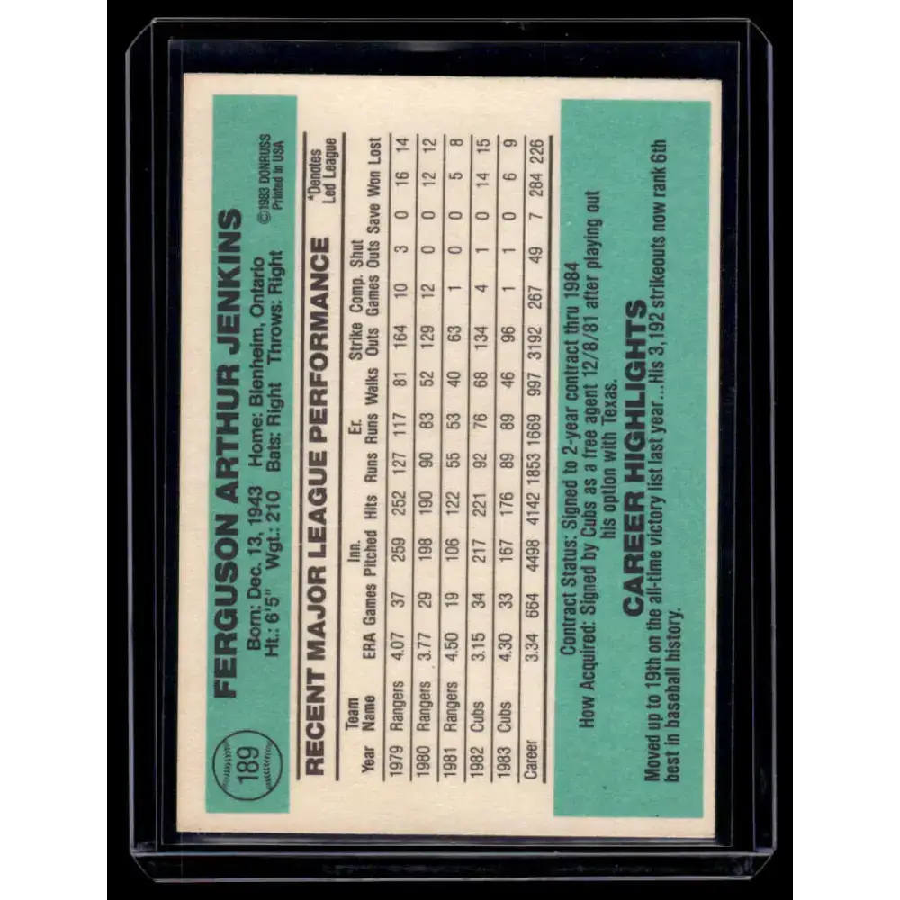 1984 Donruss #189 Ferguson Jenkins EX Chicago Cubs Baseball Card - Baseball Card Single