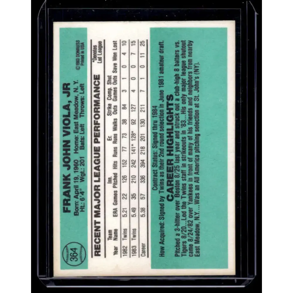 1984 Donruss #364 Frank Viola Minnesota Twins NM-MT Baseball Card - Baseball Card Single