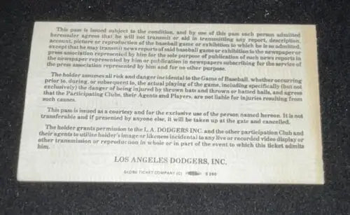 Baseball ticket for 1984 Los Angeles Dodgers Spring Training featuring Orel Hershiser