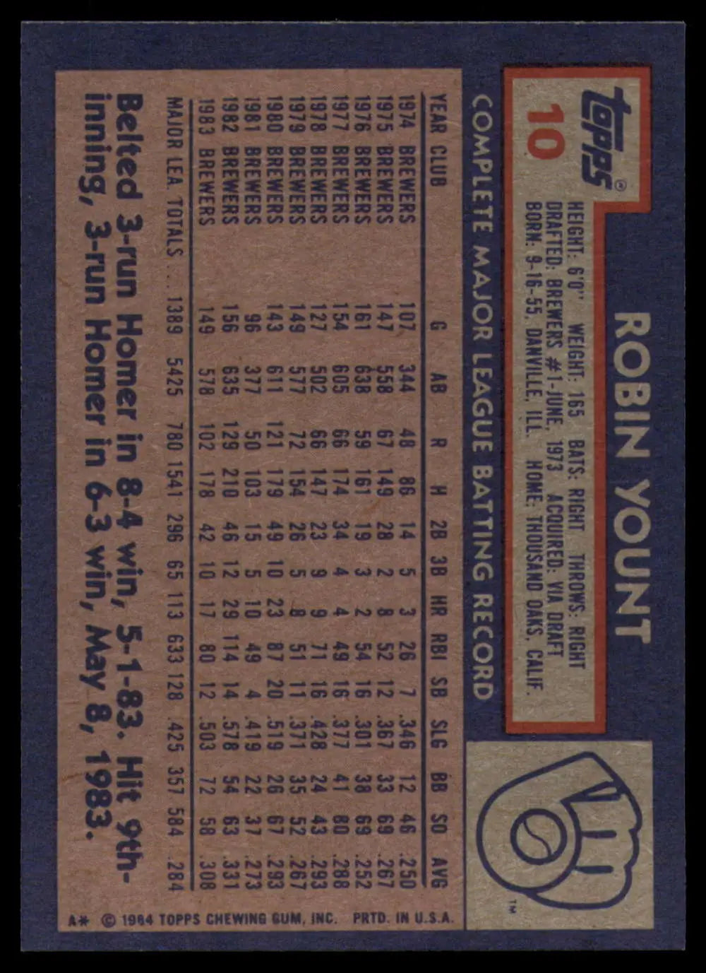 1984 Topps #10 Robin Yount EX Excellent Milwaukee Brewers Baseball Card - Baseball Card Single