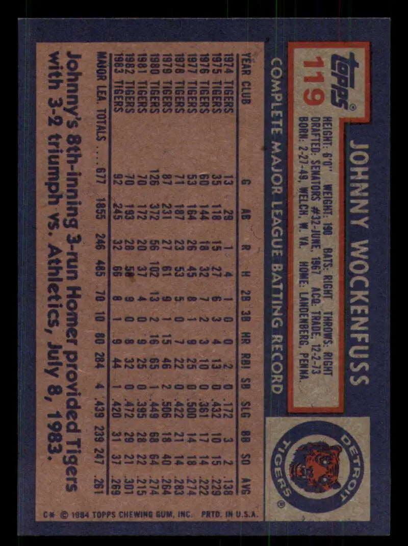 1984 Topps #119 John Wockenfuss EX Excellent Detroit Tigers Baseball Card - Baseball Card Single