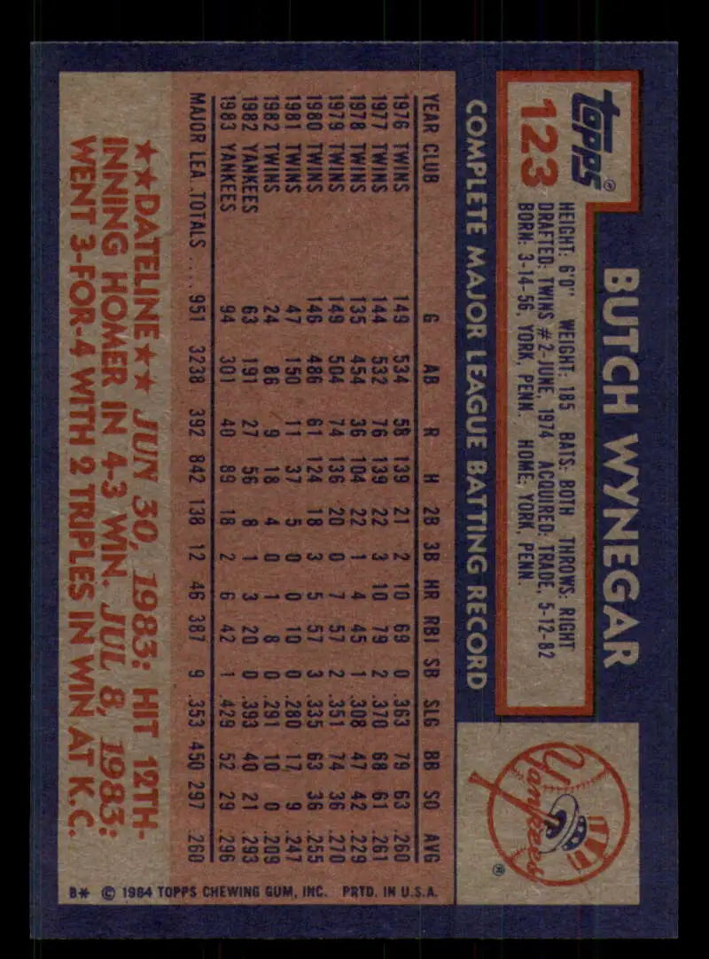 1984 Topps #123 Butch Wynegar EX Excellent New York Yankees Baseball Card - Baseball Card Single