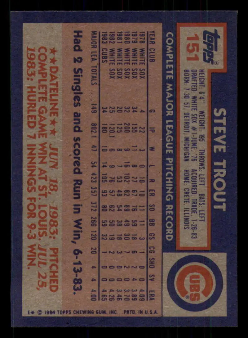 1984 Topps #151 Steve Trout EX Excellent Chicago Cubs Baseball Card - Baseball Card Single