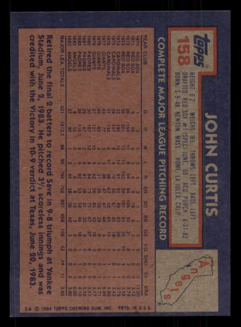 1984 Topps #158 John Curtis EX Excellent California Angels Baseball Card - Baseball Card Single