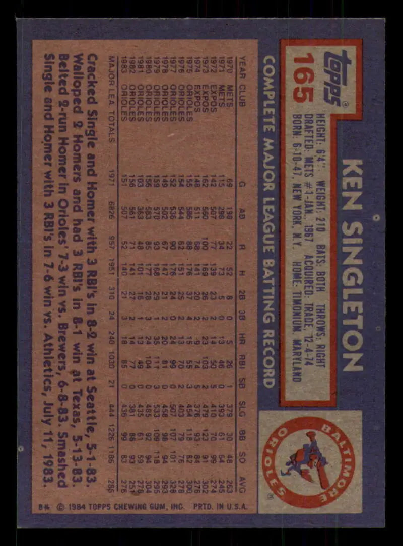 1984 Topps #165 Ken Singleton EX Excellent Baltimore Orioles Baseball Card - Baseball Card Single