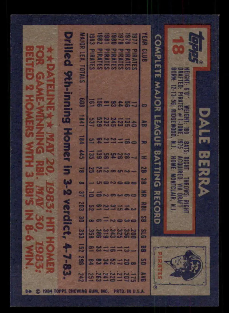 1984 Topps #18 Dale Berra EX Excellent Pittsburgh Pirates Baseball Card - Baseball Card Single
