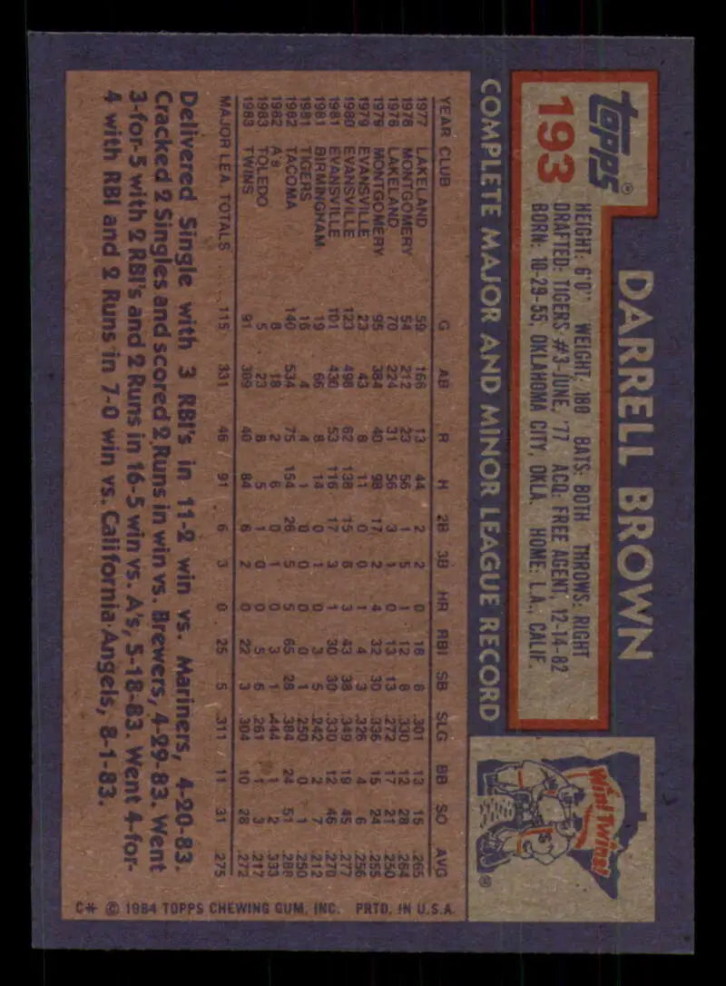 1984 Topps #193 Darrell Brown EX Excellent RC Rookie Minnesota Twins Baseball Card - Baseball Card Single