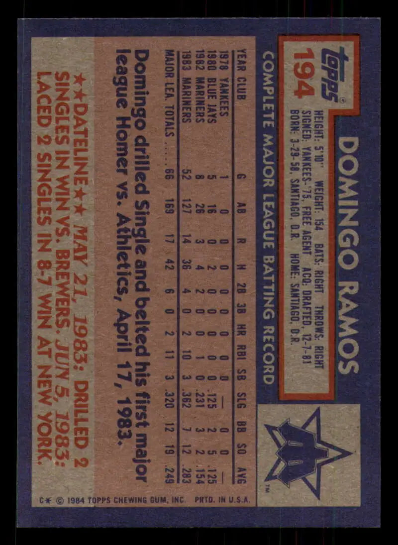 1984 Topps #194 Domingo Ramos EX Excellent Seattle Mariners Baseball Card - Baseball Card Single