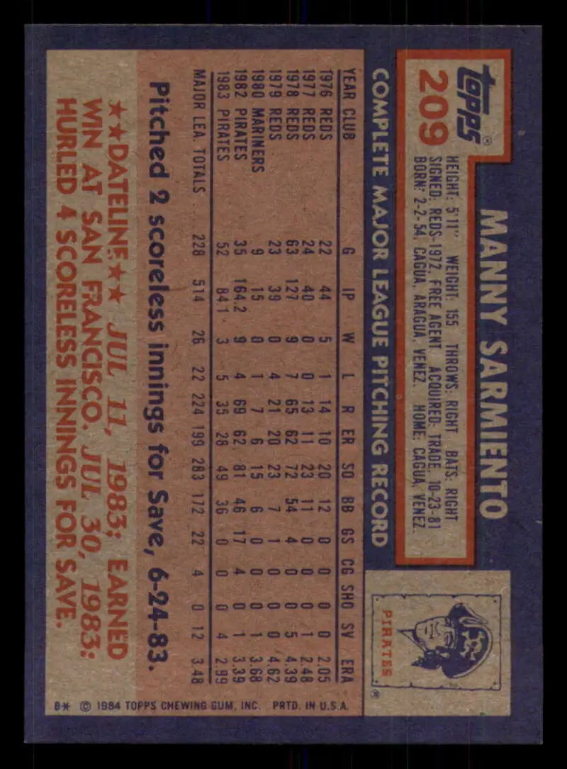 1984 Topps #209 Manny Sarmiento EX Excellent Pittsburgh Pirates Baseball Card - Baseball Card Single
