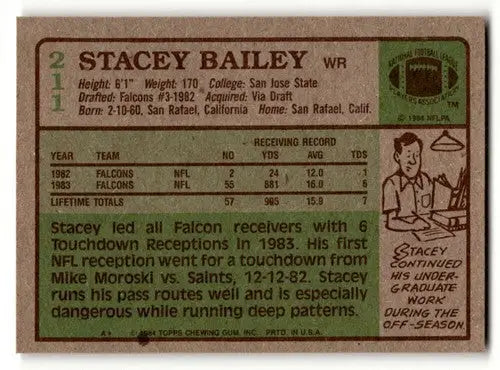 Original gloss Stacey Bailey Atlanta Falcons football card from 1984 Topps #211