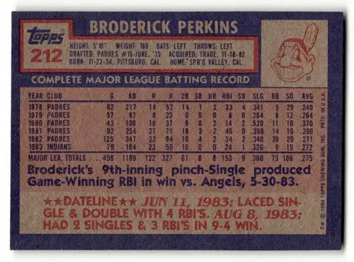 Original gloss of Broderick Perkins Cleveland Indians baseball card back from 1984 Topps #212