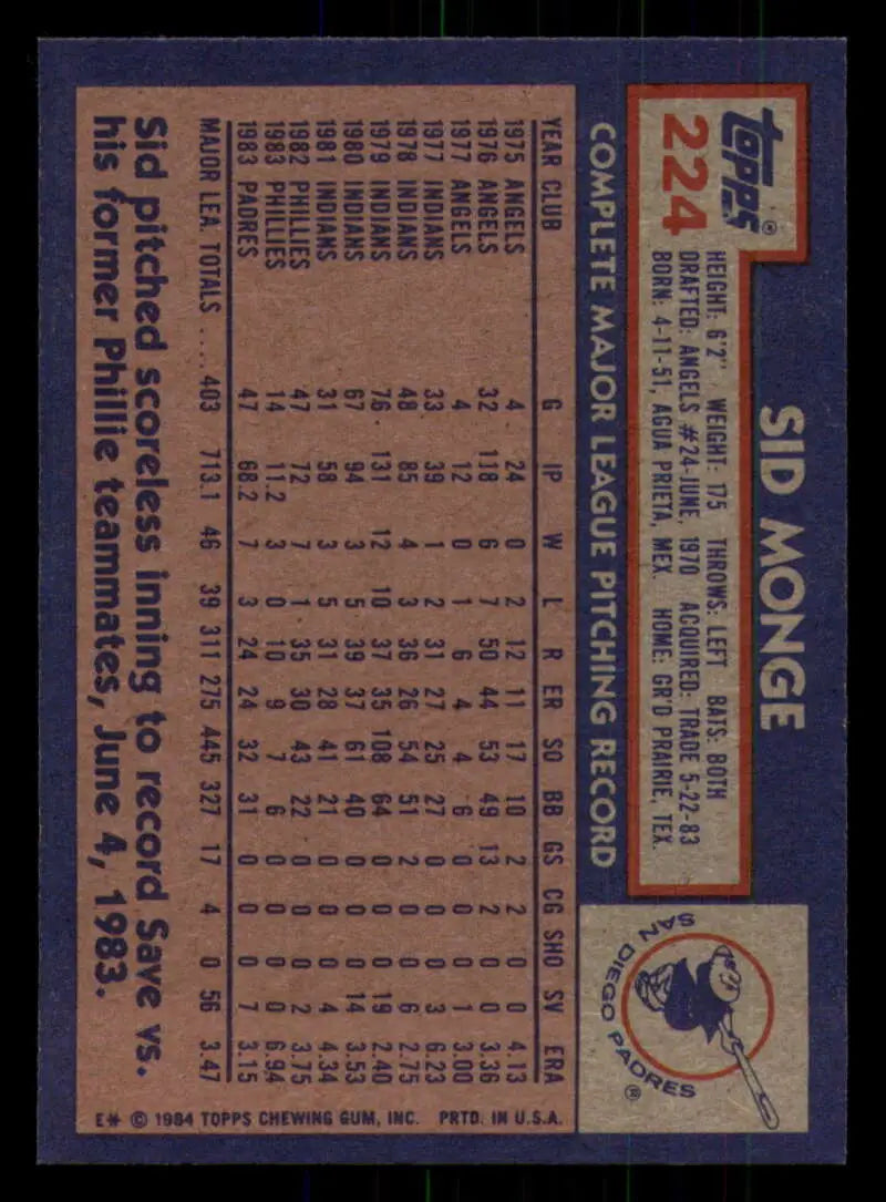 1984 Topps #224 Sid Monge EX Excellent San Diego Padres Baseball Card - Baseball Card Single