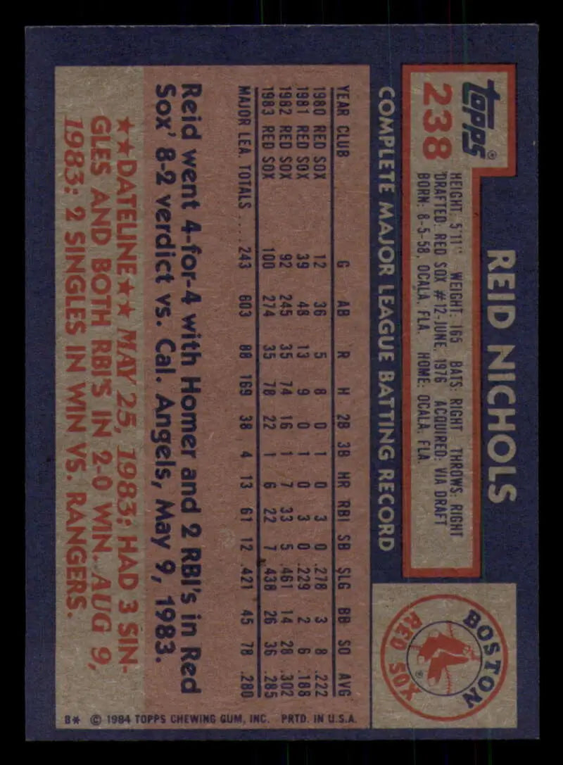 1984 Topps #238 Reid Nichols EX Excellent Boston Red Sox Baseball Card - Baseball Card Single