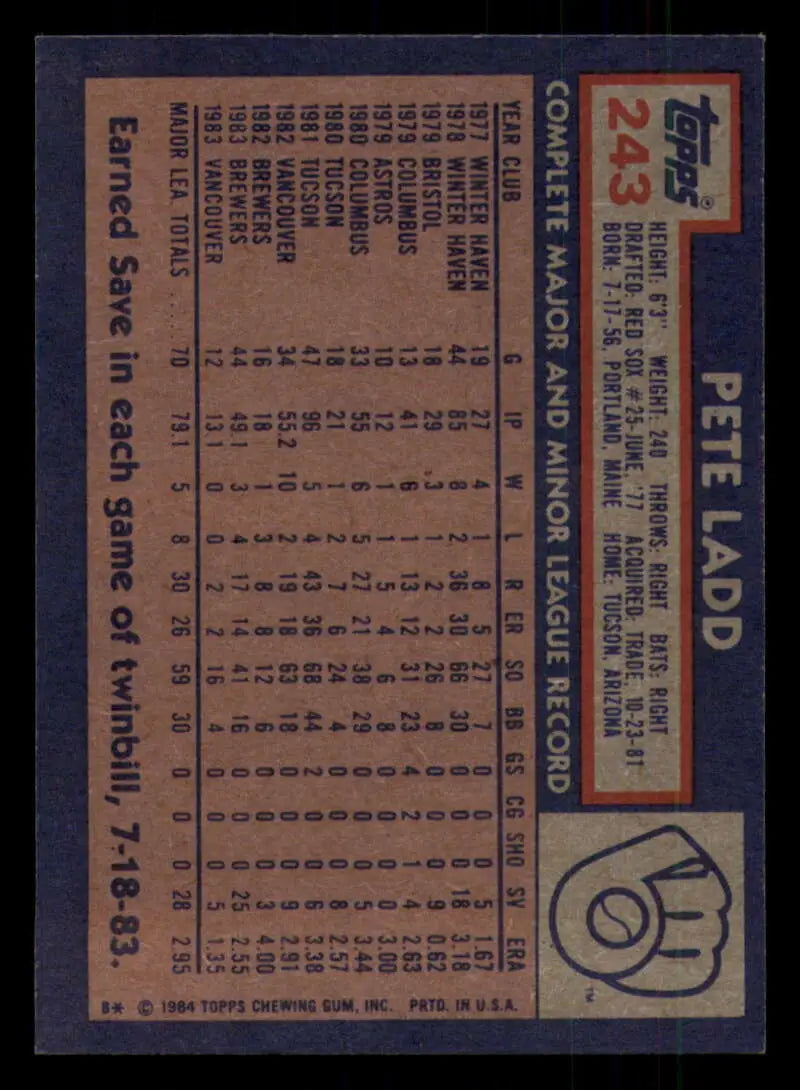 1984 Topps #243 Pete Ladd EX Excellent Milwaukee Brewers Baseball Card - Baseball Card Single